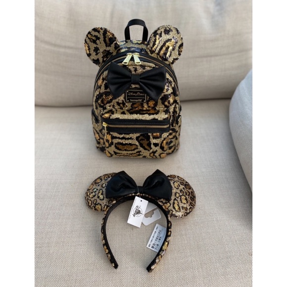 Loungefly mini backpack + Minnie ears animal kingdom leopard sequin - Picture 1 of 4